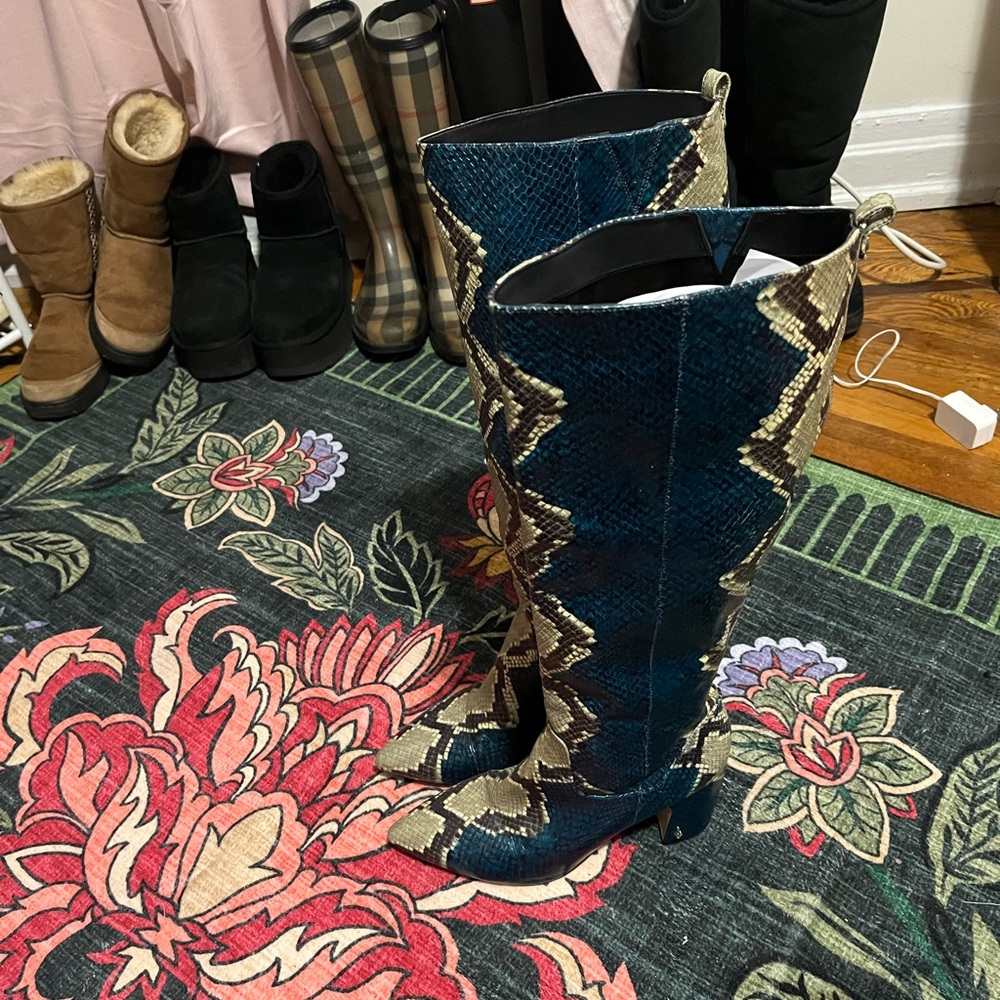 Sam Edelman Blue and Cream Snake Print Heeled Boots - Picture 5 of 7